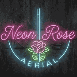 The Neon Rose logo: a neon sign reading Neon Rose with a pole through the middle, a neon rose and the word Aerial